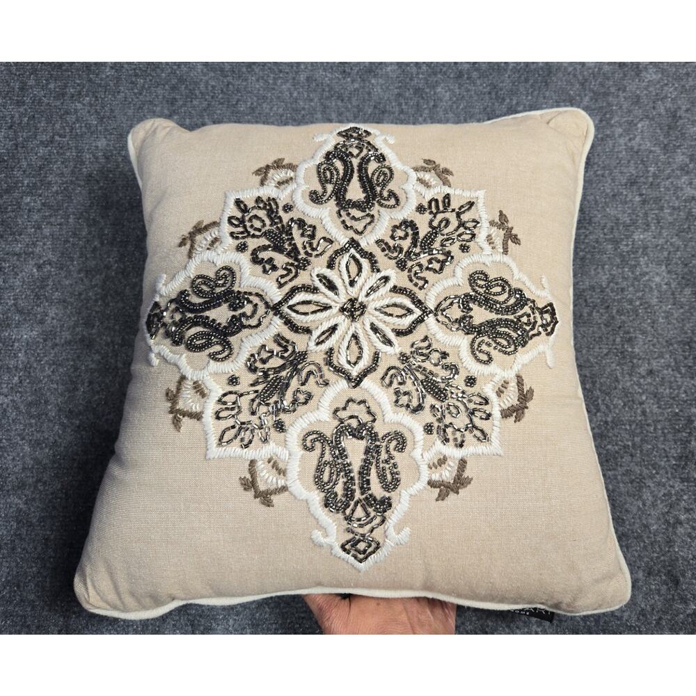 Tahari Home Beaded Accent Pillow 15 x 15 Brown/White/Iridescent